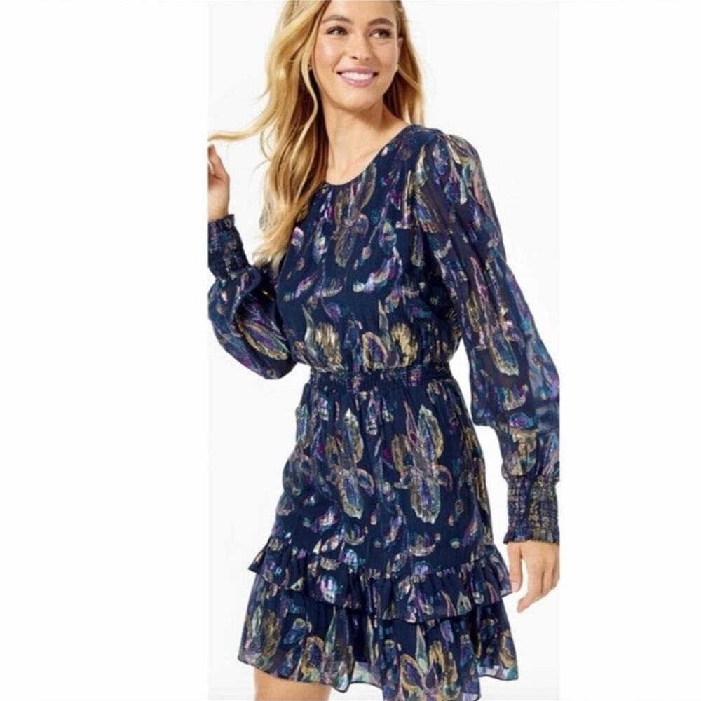 Lilly Pulitzer Dotti Silk Dress Metallic Floral Long Sleeve Size 10